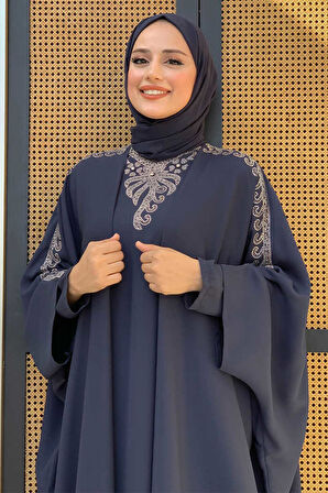 Taş İşlemeli Elbiseli Abaya Takım 8499 Lacivert
