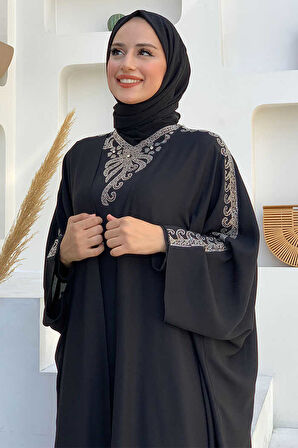 Taş İşlemeli Elbiseli Abaya Takım 8499 Siyah