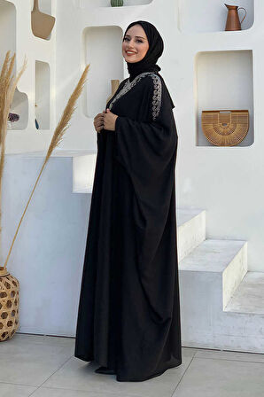 Taş İşlemeli Elbiseli Abaya Takım 8499 Siyah