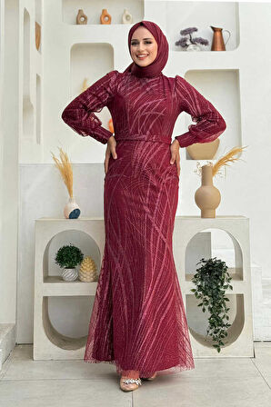 Bym Fashion Desenli Bel Kemerli Balık Abiye Elbise 1139 Bordo