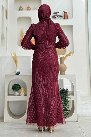 Bym Fashion Desenli Bel Kemerli Balık Abiye Elbise 1139 Bordo