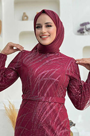 Bym Fashion Desenli Bel Kemerli Balık Abiye Elbise 1139 Bordo