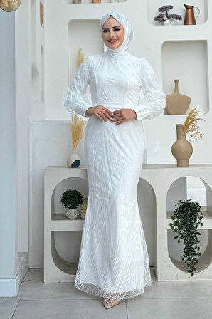 Bym Fashion Desenli Bel Kemerli Balık Abiye Elbise 1139 Ekru