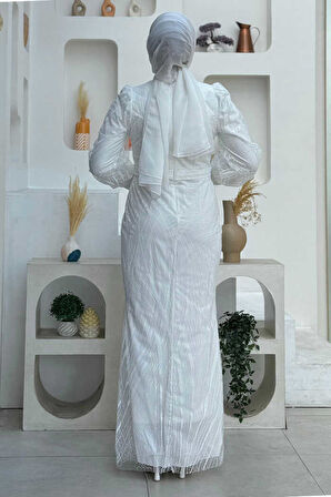 Bym Fashion Desenli Bel Kemerli Balık Abiye Elbise 1139 Ekru