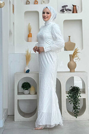 Bym Fashion Desenli Bel Kemerli Balık Abiye Elbise 1139 Ekru