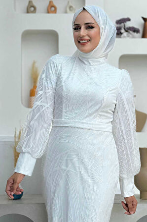 Bym Fashion Desenli Bel Kemerli Balık Abiye Elbise 1139 Ekru