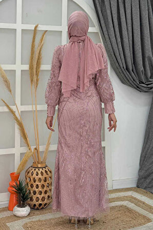 Bym Fashion Desenli Bel Kemerli Balık Abiye Elbise 1139 Gül Kurusu