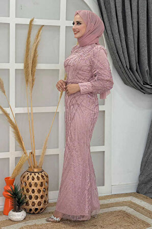 Bym Fashion Desenli Bel Kemerli Balık Abiye Elbise 1139 Gül Kurusu