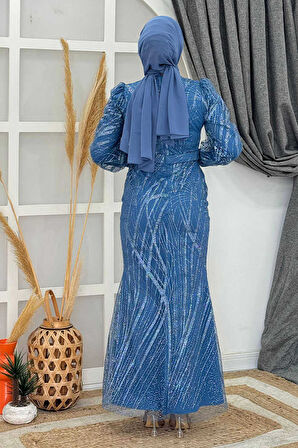 Desenli Bel Kemerli Balık Abiye Elbise 1139 İndigo