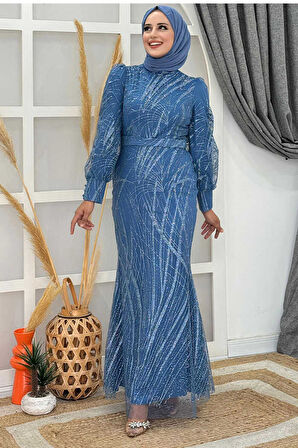 Desenli Bel Kemerli Balık Abiye Elbise 1139 İndigo