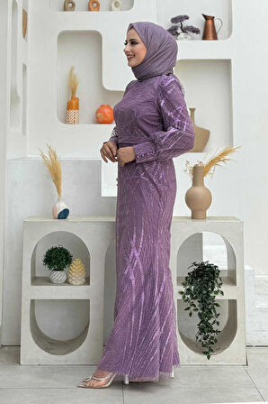Desenli Bel Kemerli Balık Abiye Elbise 1139 Lila