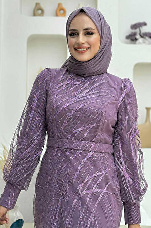 Desenli Bel Kemerli Balık Abiye Elbise 1139 Lila