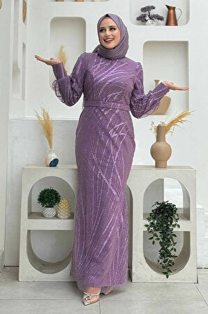 Desenli Bel Kemerli Balık Abiye Elbise 1139 Lila