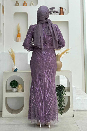 Desenli Bel Kemerli Balık Abiye Elbise 1139 Lila