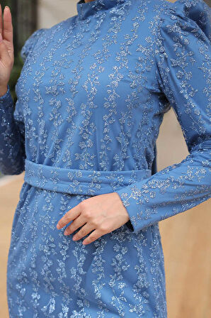 Bym Fashion Çiçek Desenli Simli Tül Abiye Elbise 1108 İndigo