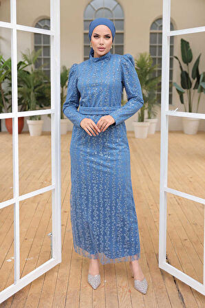 Bym Fashion Çiçek Desenli Simli Tül Abiye Elbise 1108 İndigo