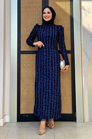Bym Fashion Çiçek Desenli Simli Tül Abiye Elbise 1108 Lacivert