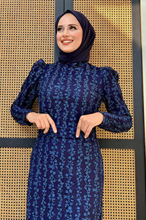 Bym Fashion Çiçek Desenli Simli Tül Abiye Elbise 1108 Lacivert