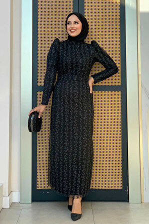 Bym Fashion Çiçek Desenli Simli Tül Abiye Elbise 1108 Siyah