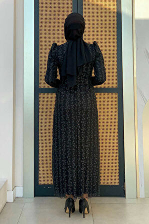 Bym Fashion Çiçek Desenli Simli Tül Abiye Elbise 1108 Siyah