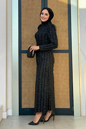 Bym Fashion Çiçek Desenli Simli Tül Abiye Elbise 1108 Siyah