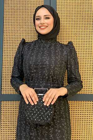 Bym Fashion Çiçek Desenli Simli Tül Abiye Elbise 1108 Siyah