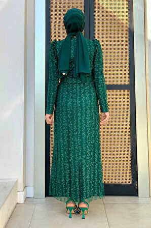 Bym Fashion Çiçek Desenli Simli Tül Abiye Elbise 1108 Zümrüt