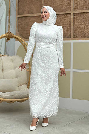 Bym Fashion Dal Desenli Simli Tül Abiye Elbise 1140 Ekru