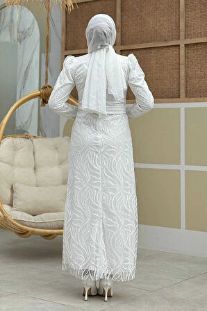 Bym Fashion Dal Desenli Simli Tül Abiye Elbise 1140 Ekru