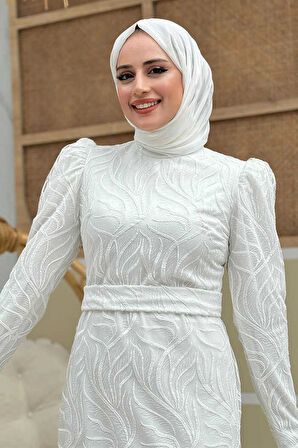 Bym Fashion Dal Desenli Simli Tül Abiye Elbise 1140 Ekru