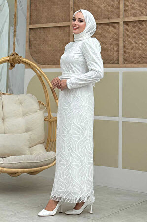 Bym Fashion Dal Desenli Simli Tül Abiye Elbise 1140 Ekru
