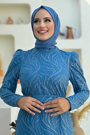Bym Fashion Dal Desenli Simli Tül Abiye Elbise 1140 İndigo