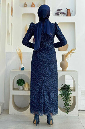 Bym Fashion Dal Desenli Simli Tül Abiye Elbise 1140 Lacivert