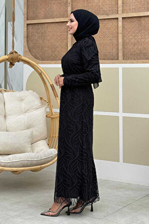 Bym Fashion Dal Desenli Simli Tül Abiye Elbise 1140 Siyah