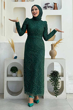 Bym Fashion Dal Desenli Simli Tül Abiye Elbise 1140 Zümrüt