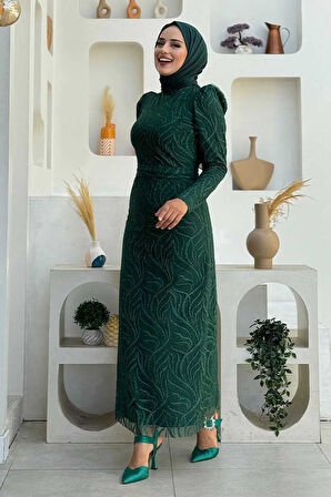 Bym Fashion Dal Desenli Simli Tül Abiye Elbise 1140 Zümrüt