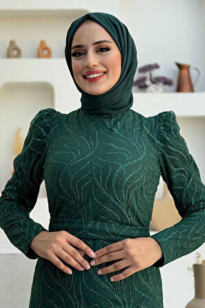 Bym Fashion Dal Desenli Simli Tül Abiye Elbise 1140 Zümrüt