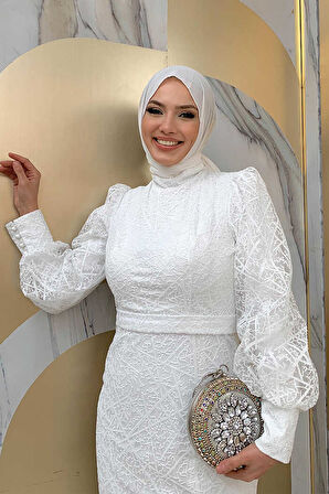 Desenli Balonkol Görünümlü Simli Abiye Elbise 1144 Ekru