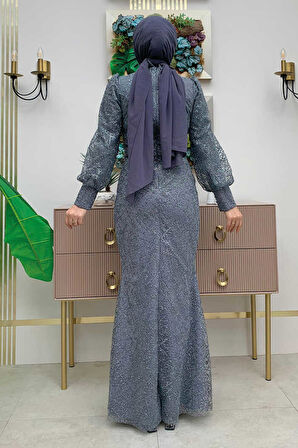 Desenli Balonkol Görünümlü Simli Abiye Elbise 1144 Gri