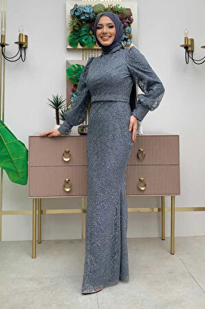 Desenli Balonkol Görünümlü Simli Abiye Elbise 1144 Gri