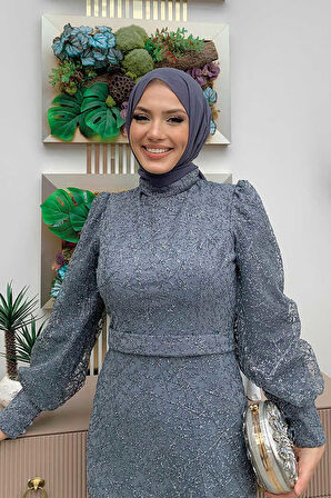 Desenli Balonkol Görünümlü Simli Abiye Elbise 1144 Gri