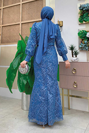 Desenli Balonkol Görünümlü Simli Abiye Elbise 1144 İndigo