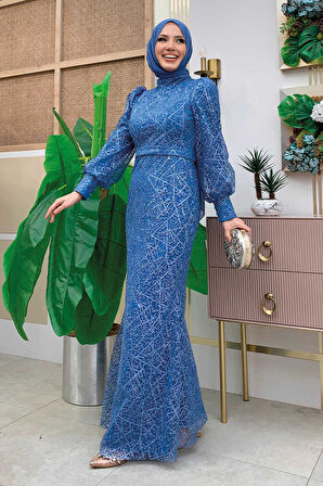 Desenli Balonkol Görünümlü Simli Abiye Elbise 1144 İndigo