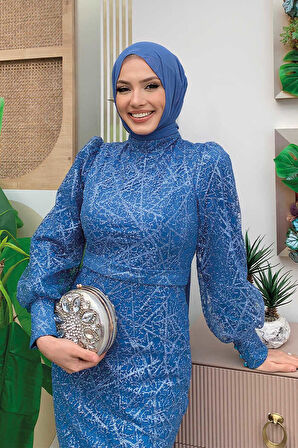 Desenli Balonkol Görünümlü Simli Abiye Elbise 1144 İndigo