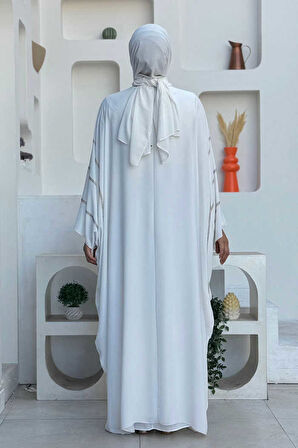 Taş İşleme Detaylı Abayalı Elbise Takım 8500 Ekru