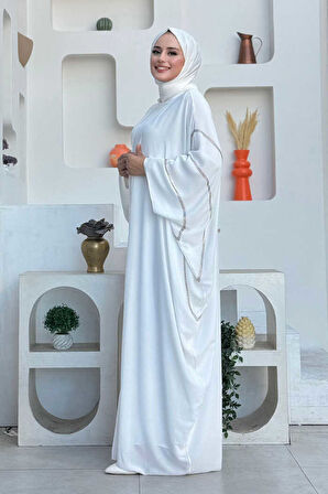 Taş İşleme Detaylı Abayalı Elbise Takım 8500 Ekru
