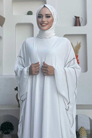 Taş İşleme Detaylı Abayalı Elbise Takım 8500 Ekru