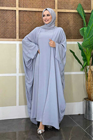 Taş İşleme Detaylı Abayalı Elbise Takım 8500 Gri