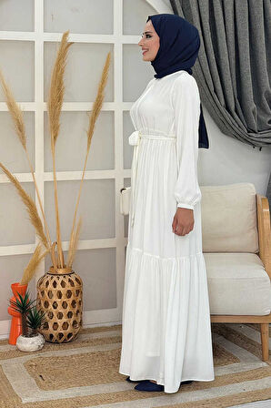 Fermuarlı Kol Manşetleri Lastikli Fırfırlı Elbise 6001 Ekru