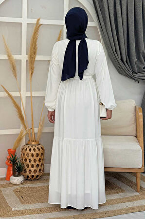 Fermuarlı Kol Manşetleri Lastikli Fırfırlı Elbise 6001 Ekru